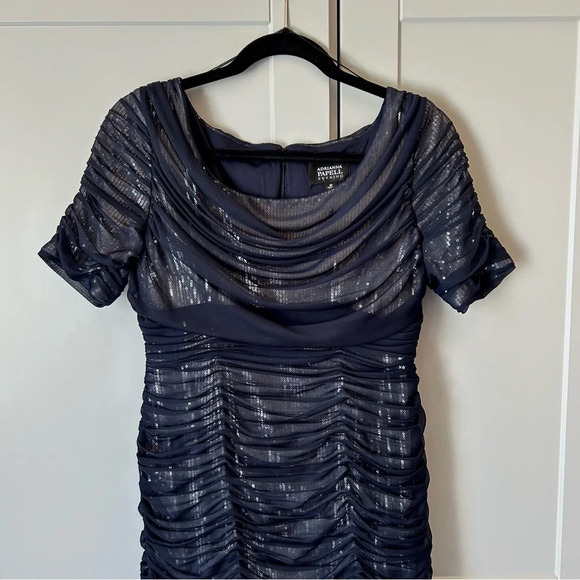 Adrianna Papell Evening Women's Dress Size 8P Navy Mesh Short Sleeve Party Event - Picture 3 of 11